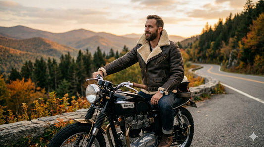 Rider on a vintage motorcycle wearing a brown shearling-lined sheepskin jacket on a mountain road.