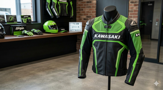 Kawasaki Green and Black Leather Racing Jacket on a Display Mannequin