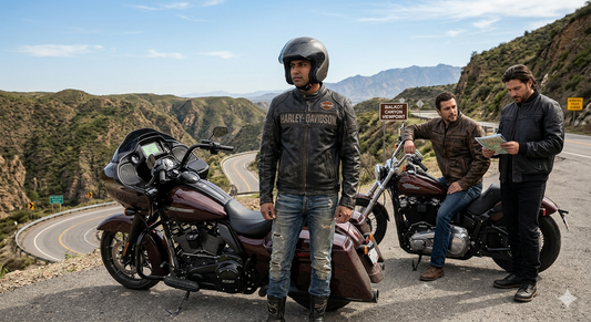 Three riders wearing authentic Harley-Davidson leather jackets and helmets, posing with their motorcycles at the Sialkot Canyon viewpoint in 2026.