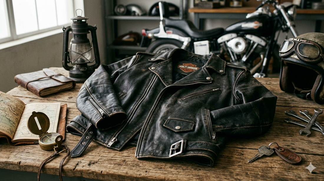 Classic Harley-Davidson leather riding jacket displayed on a rustic workshop table with vintage motorcycle tools and gear.