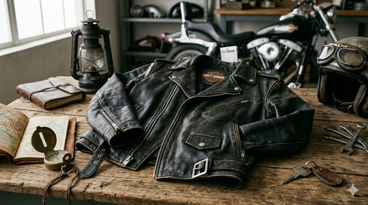 Classic Harley-Davidson leather riding jacket displayed on a rustic workshop table with vintage motorcycle tools and gear.