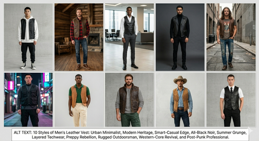 Professional fashion collage showing 10 different ways to style a men's leather vest including streetwear, formal, and rugged looks.