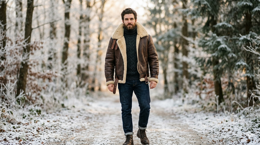 Vintage Brown Shearling Leather B3 Bomber Jacket with White Wool Trim