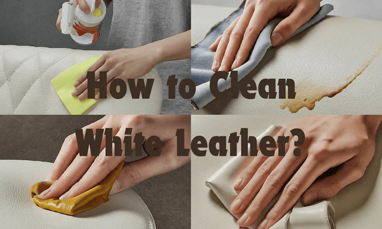 Close-up of hands cleaning a white leather surface with a microfiber cloth and cleaning solution.