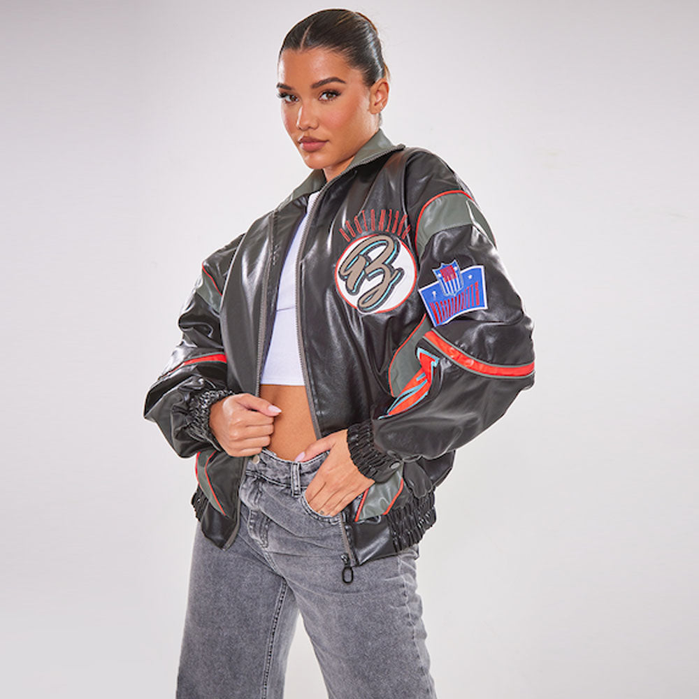 Classic leather bomber jacket with ribbed cuffs and waist