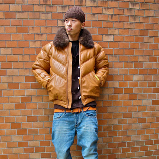 Leather V Bomber Jacket-Sheepskin Jacket-Bubble Jacket