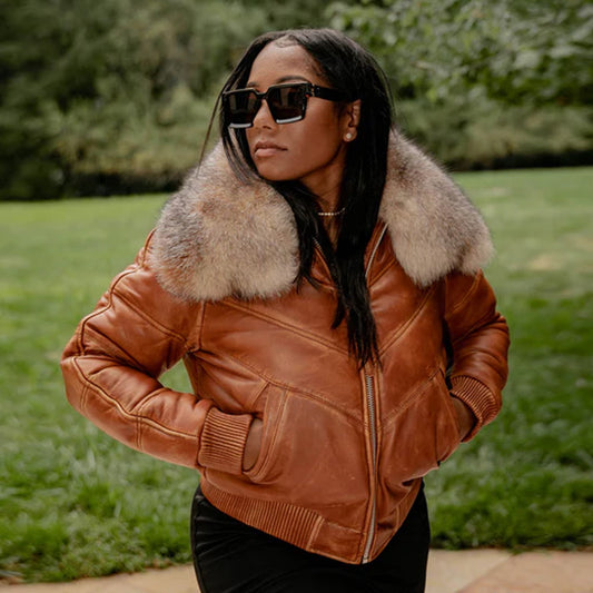Leather V Bomber Jacket-Sheepskin Jacket-Bubble Jacket