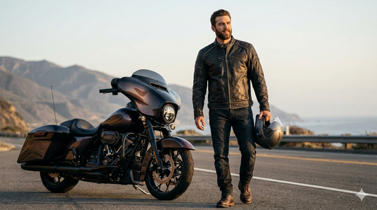 Man wearing black Harley leather jacket next to cruiser motorcycle.
