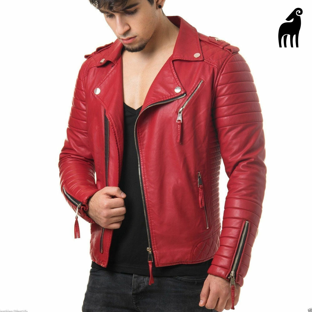 Red leather jacket-Lambskin jacke-Biker Jacket