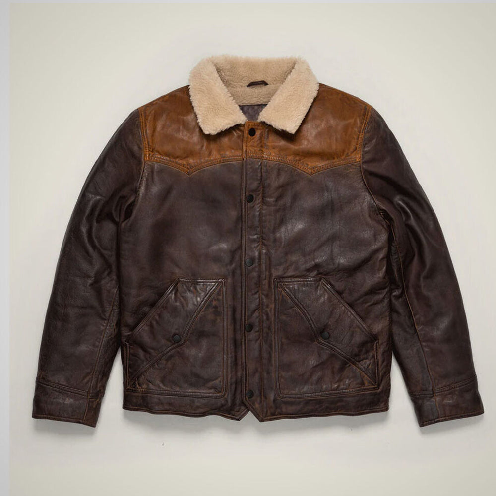 An aviator shearling jacket showcasing its rugged leather exterior and cozy shearling lining, symbolizing its evolution from WWII necessity to modern fashion icon.