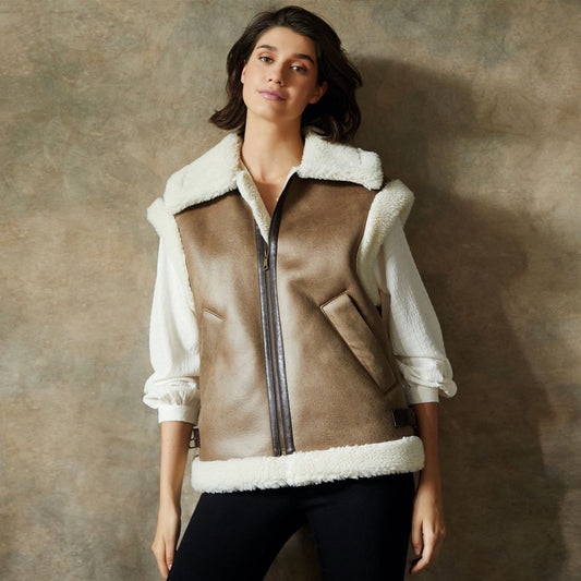 Shearling Leather Vest-Sheepskin Vest-Aviator Vest