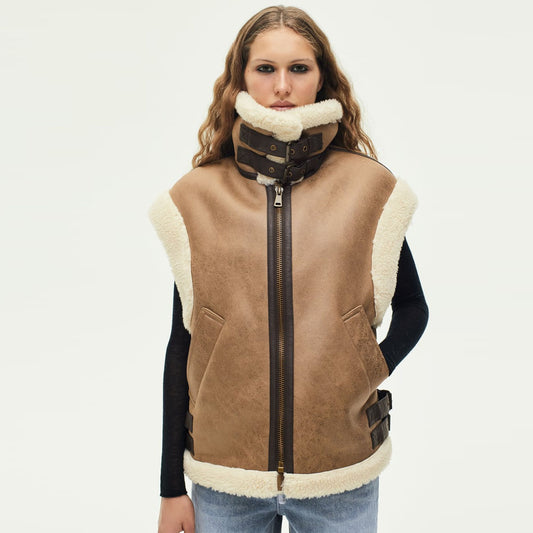 Shearling Leather Vest-Sheepskin Vest-Aviator Vest