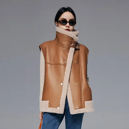 Shearling Leather Vest-Sheepskin Vest-Aviator Vest