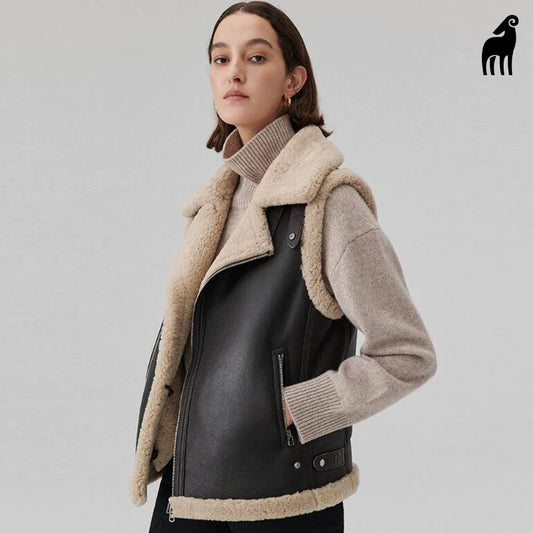 Shearling leather vest-Sheepskin vest-Aviator vest