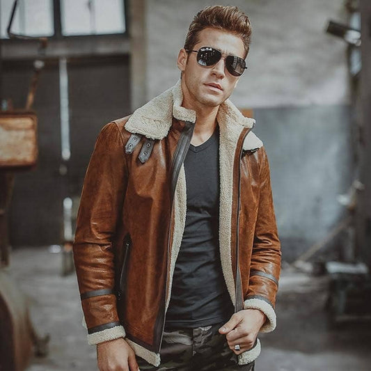 Sheepskin Leather Jacket-Aviator Jacket-Shearling Jacket