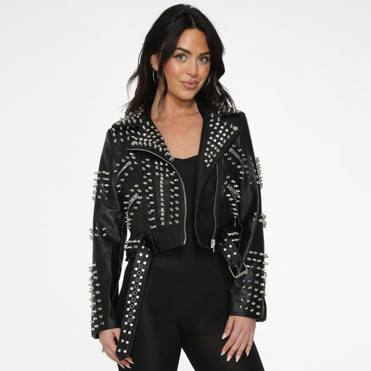 Studded Leather Jacket-Spiked Jacket-Sheepskin Jacket