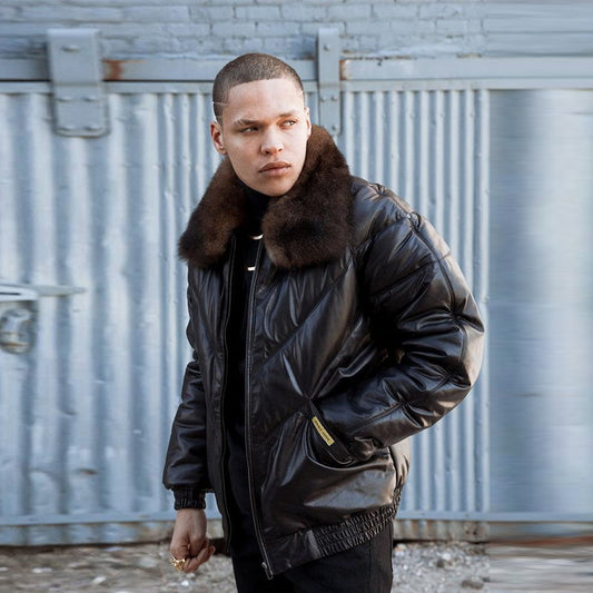 Leather V Bomber Jacket-Bubble Jacket-Sheepskin Jacket