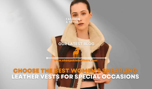 Stylish women’s shearling leather vest paired with elegant outfits, showcasing versatility and sophistication for special occasions like winter parties and formal events.