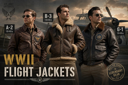 Men wearing A-2, B-3 and G-1 military flight jackets beside a vintage aircraft