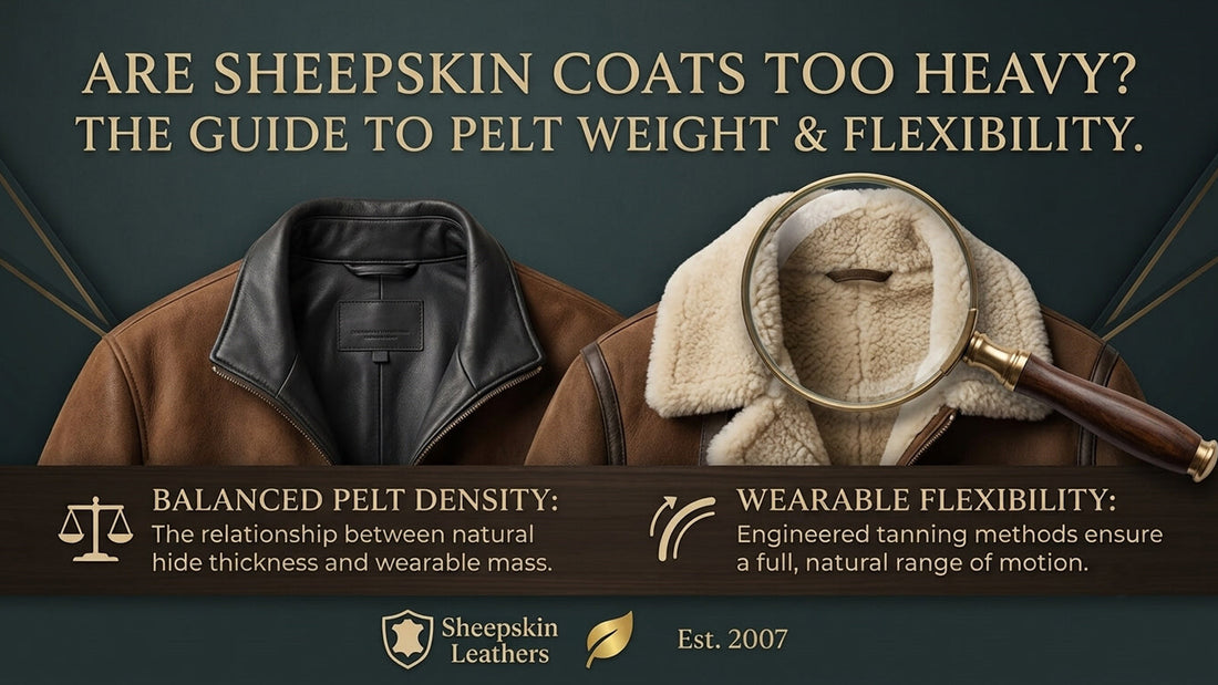 Premium winter outerwear guide infographic for Sheepskin Leathers established in 2007, featuring a minimal dark slate gray background, highlighting genuine shearling pelt thickness and double-faced leather weights.