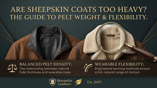 Premium winter outerwear guide infographic for Sheepskin Leathers established in 2007, featuring a minimal dark slate gray background, highlighting genuine shearling pelt thickness and double-faced leather weights.