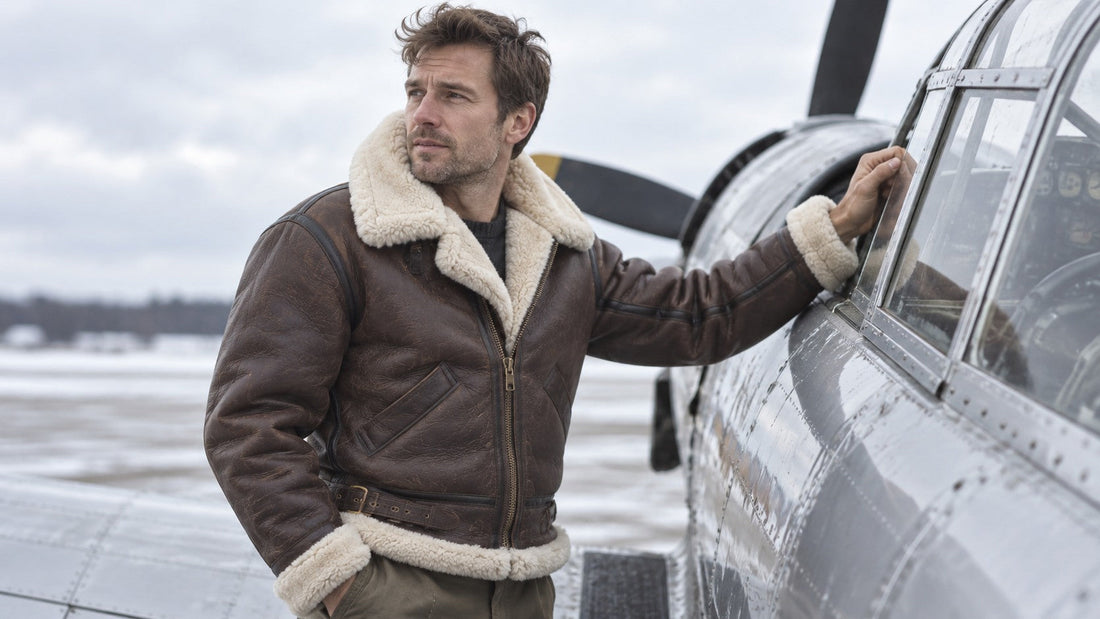 Man wearing a brown B-3 shearling bomber jacket beside a vintage propeller aircraft