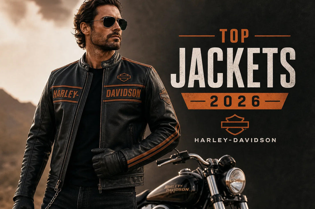 Rider wearing a black Harley-Davidson leather jacket beside a motorcycle for the best Harley-Davidson jackets for riding in 2026.