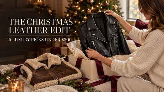 Woman unwrapping a black leather jacket beside a Christmas tree for a luxury Christmas gift guide under $200