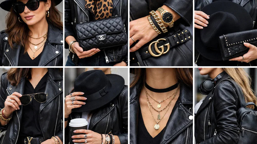 Women styling leather jacket with bag, jewelry, and ankle boots