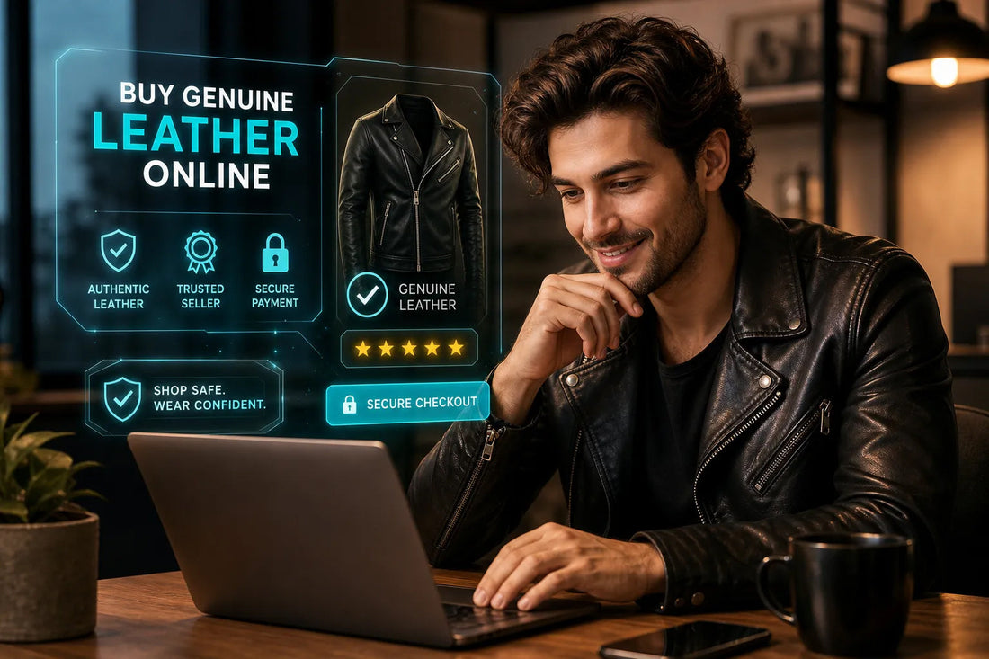 Man in a black biker jacket using a laptop, with guidance to buy a genuine leather jacket online safely.