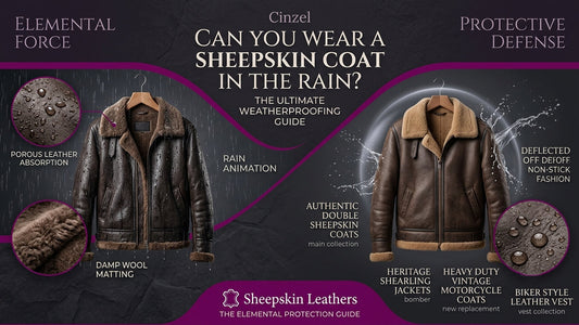 A side-by-side weatherproofing infographic for Sheepskin Leathers in royal purple theme, comparing a rain-saturated jacket with damp wool on the left against a protected, water-repellent shearling coat deflecting water droplets on the right.