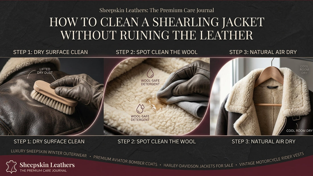 A three-step visual care guide showing dry surface brushing, wool spot cleaning, and air-drying a premium shearling jacket.