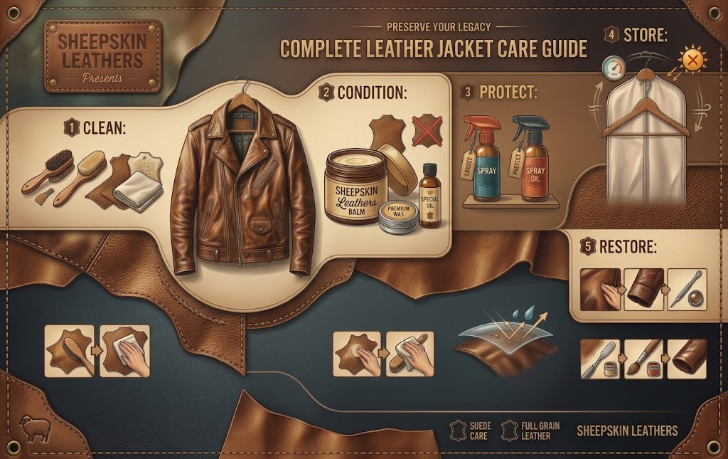 Infographic guide by Sheepskin Leathers showing steps to clean, condition, protect, store, and restore genuine leather jackets.