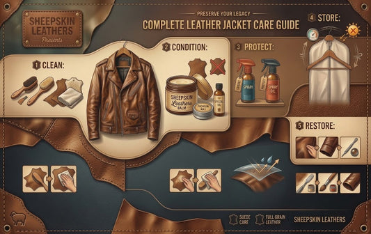 Infographic guide by Sheepskin Leathers showing steps to clean, condition, protect, store, and restore genuine leather jackets.
