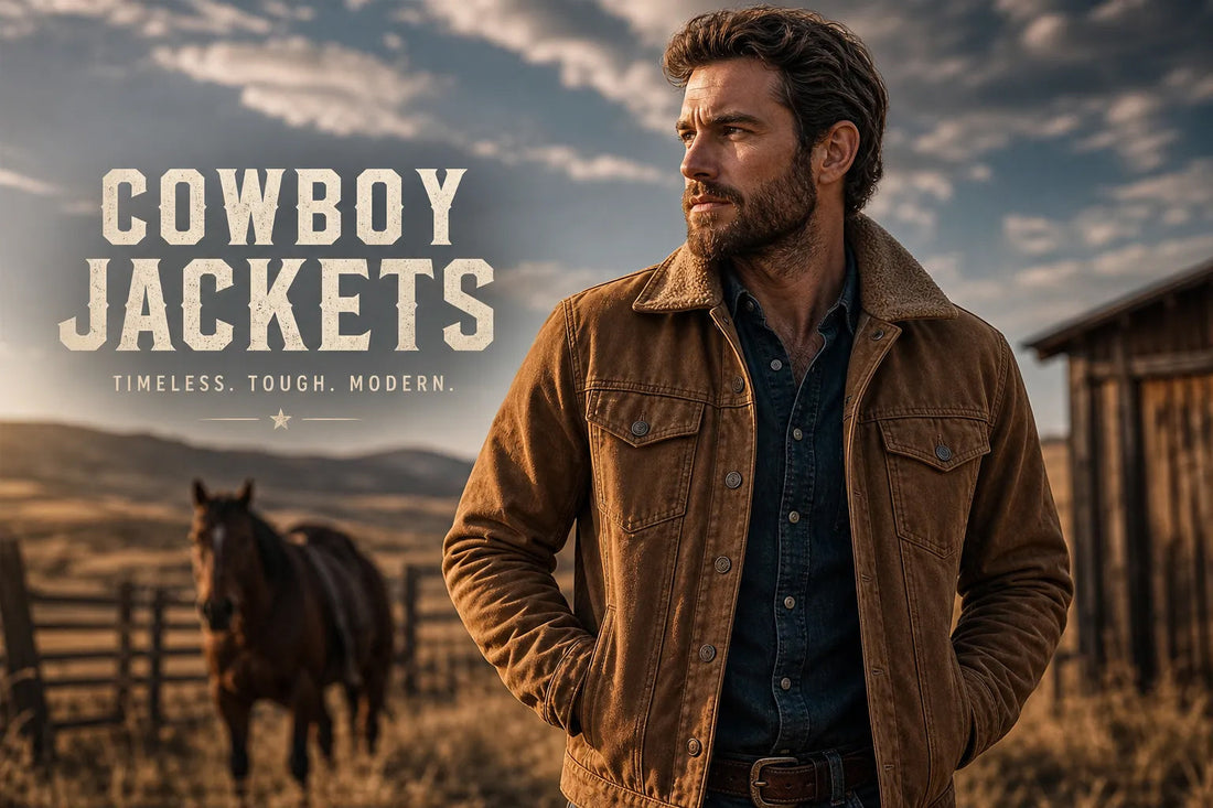 Man wearing a brown cowboy jacket for men at a Western ranch
