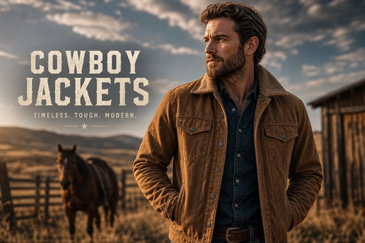 Man wearing a brown cowboy jacket for men at a Western ranch