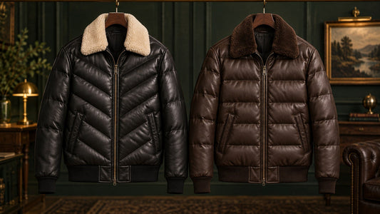 Black Double Goose V-Bomber and brown straight leather bomber jacket comparison