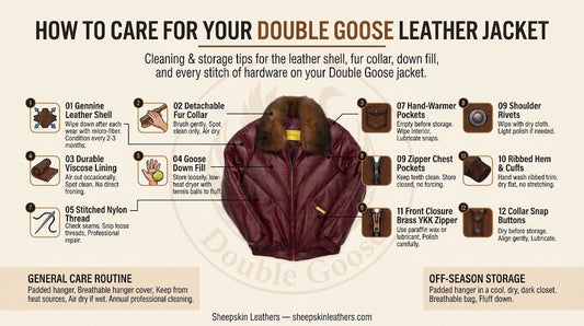 Infographic showing how to care for a Double Goose leather jacket — genuine leather shell, detachable fur collar, goose down fill, brass YKK zipper, shoulder rivets, and 12-step cleaning and storage care guide