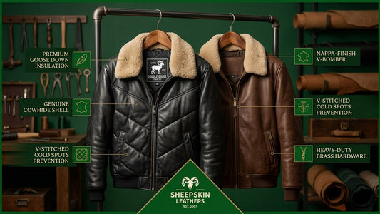 Premium black and brown Double Goose V-Bomber down leather jackets with warm shearling collars hanging against a deep green background, showcasing authentic Goose Country stitching, heavy-duty hardware, and premium insulation details.
