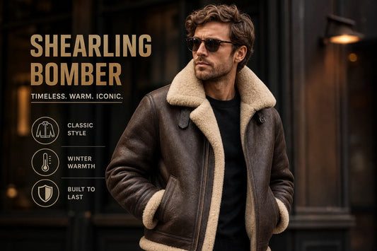 Man wearing genuine brown leather shearling bomber jacket with cream shearling collar and cuffs