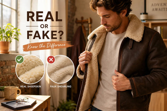Genuine sheepskin jacket comparison showing real sheepskin wool versus faux shearling on a brown men's jacket.