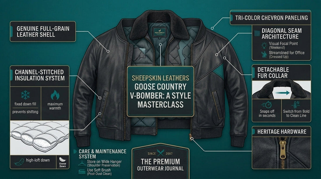 Goose Country leather V-bomber jacket style guide diagram highlighting its genuine full-grain leather shell, detachable fur collar, and channel-stitched insulation.