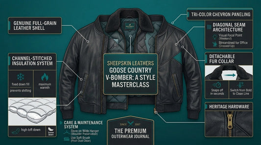 Goose Country leather V-bomber jacket style guide diagram highlighting its genuine full-grain leather shell, detachable fur collar, and channel-stitched insulation.