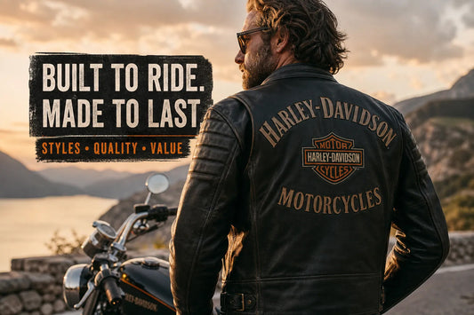 Harley-Davidson leather jacket buying guide cover with a rider beside a motorcycle at sunset, highlighting styles, quality and value.