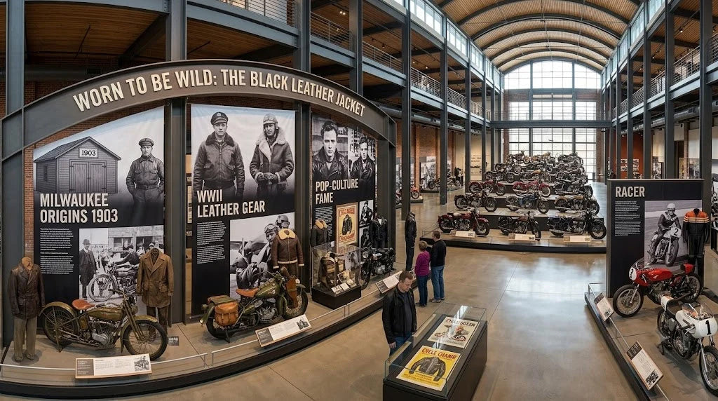 Harley-Davidson leather jacket history exhibit showing early motorcycles, wartime gear and biker culture
