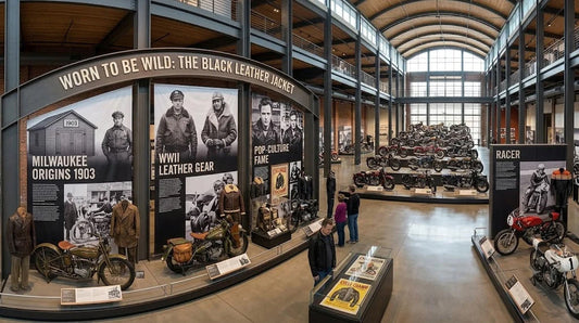 Harley-Davidson leather jacket history exhibit showing early motorcycles, wartime gear and biker culture