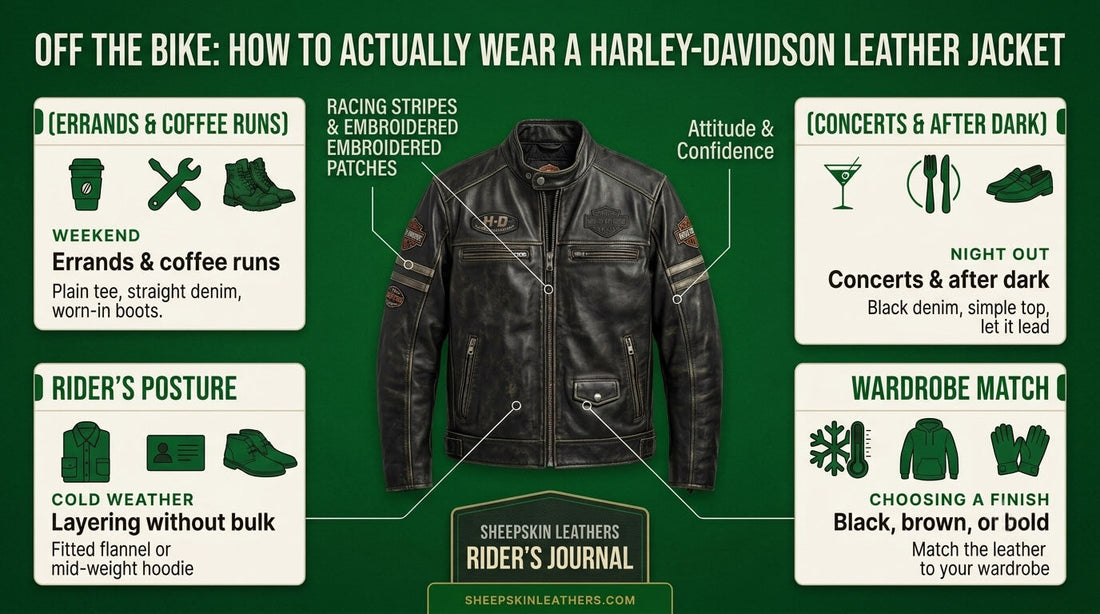Infographic guide detailing four ways to wear a Harley Davidson leather jacket off the bike, including weekend errands, night out concerts, cold weather layering, and matching the leather finish to your wardrobe.