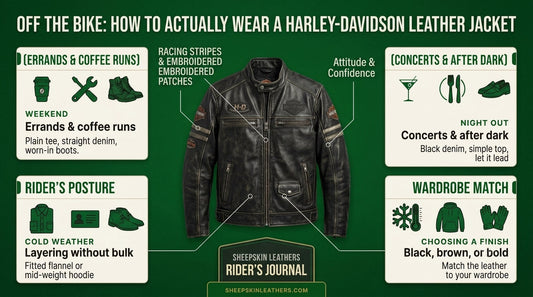 Infographic guide detailing four ways to wear a Harley Davidson leather jacket off the bike, including weekend errands, night out concerts, cold weather layering, and matching the leather finish to your wardrobe.
