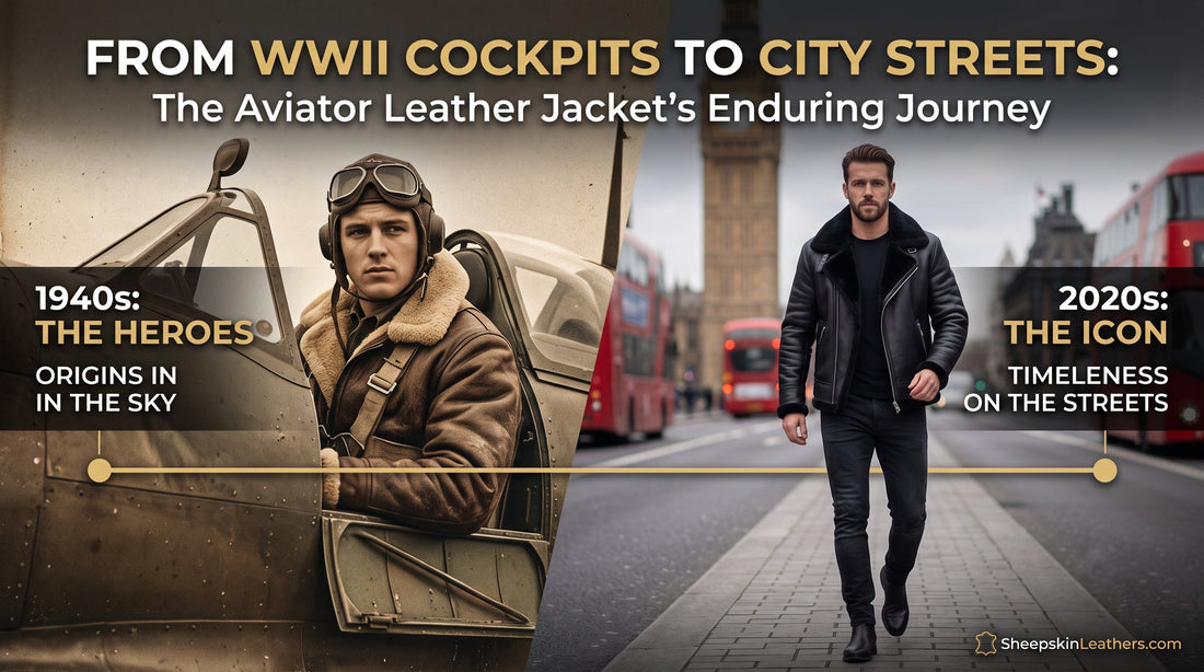 Evolution of men aviator leather jacket from WWII pilot cockpit outfit to modern urban streetwear fashion