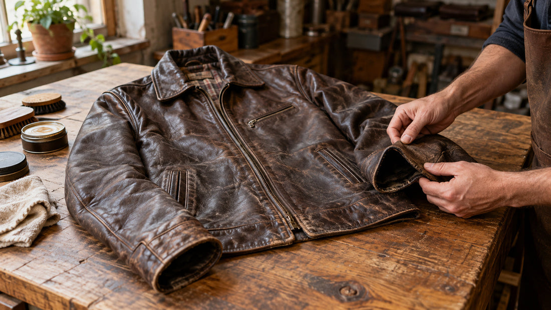 Leather craftsperson inspecting the cuff and seams of a well-aged brown leather jacket